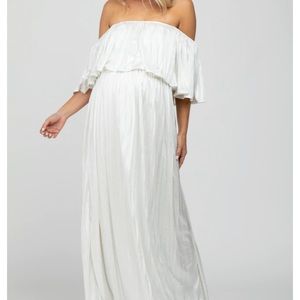 PinkBlush Ivory Shimmer Off Shoulder Pleated Maternity Maxi Dress